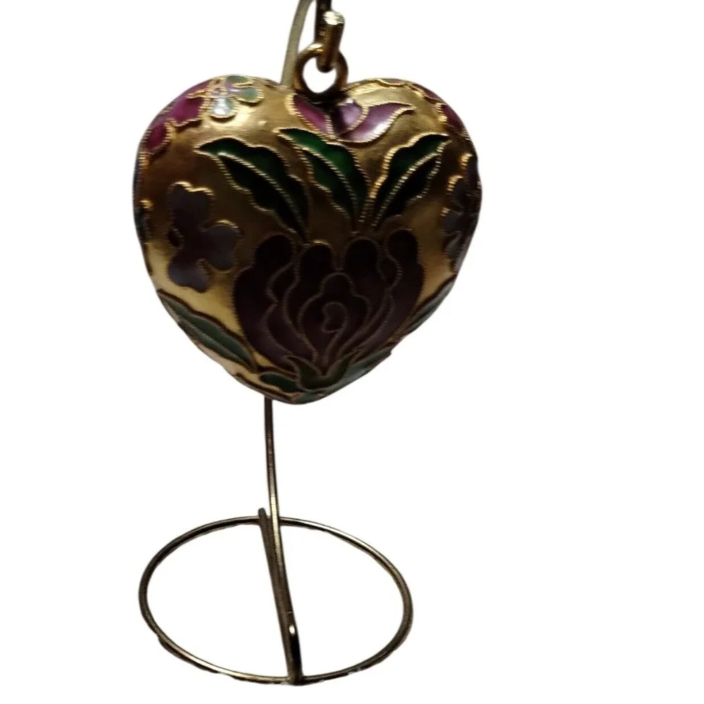 Cloisonne Enamel Heart Ornament Floral Design with Metal Display Stand‎
